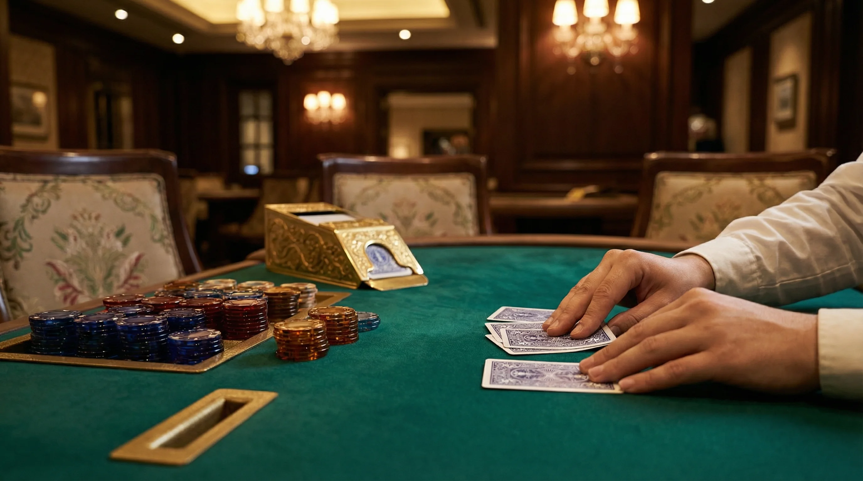 Mesa de bacará de lujo con cartas siendo repartidas y fichas premium