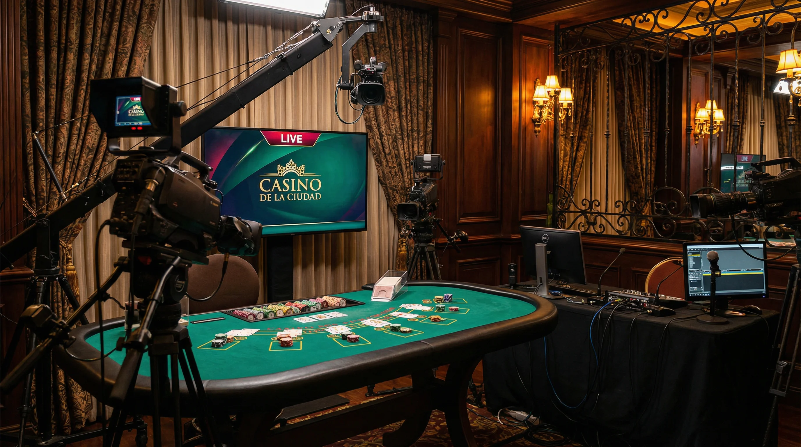 Estudio de casino en vivo con mesa de juego y cámaras profesionales
