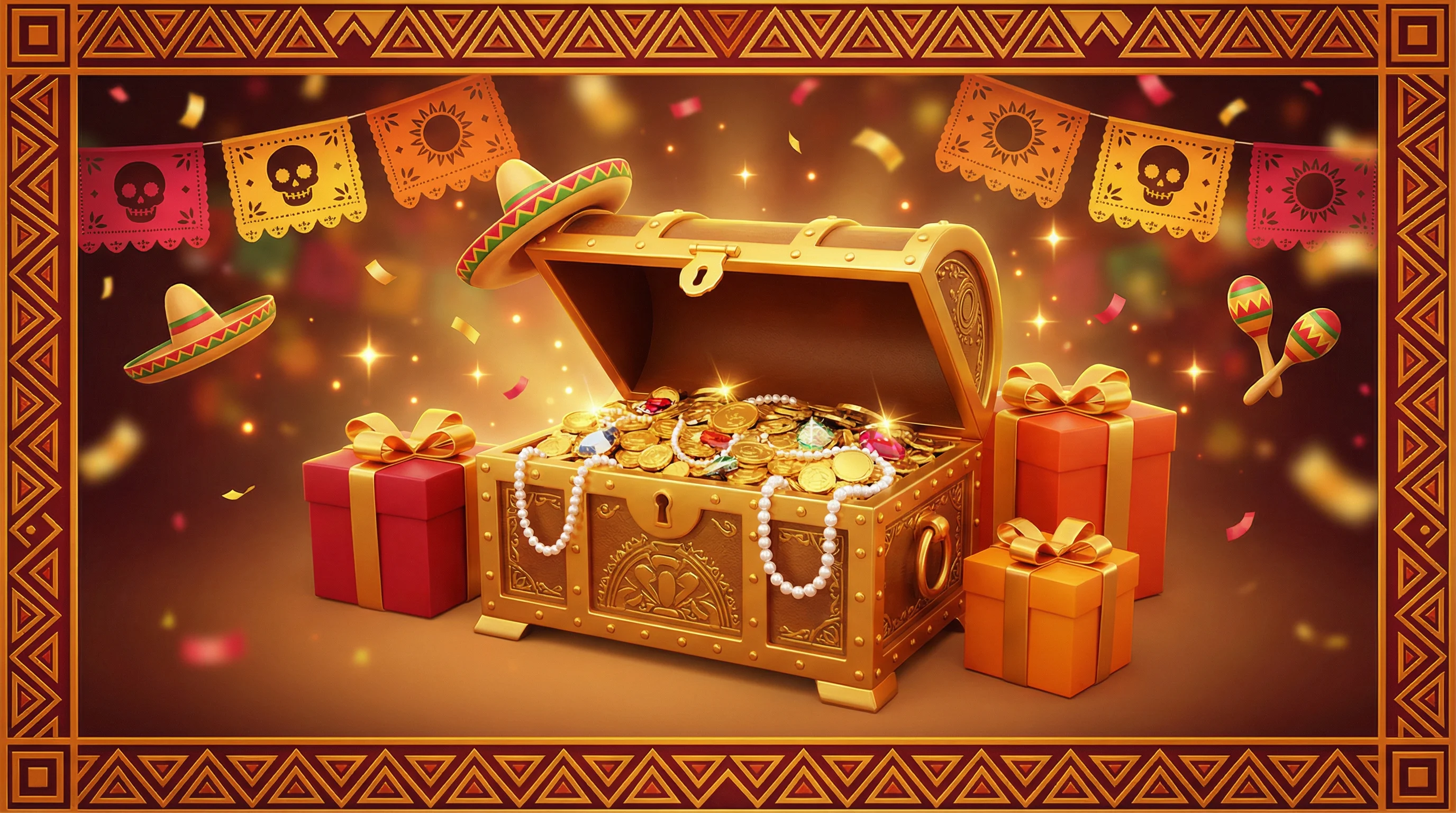 Cofre del tesoro con monedas y regalos representando bonos de casino